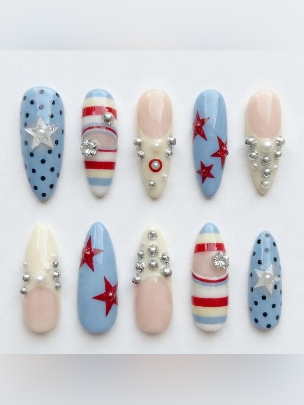 Patriotic Blue & Red Star Striped Press-On Nails